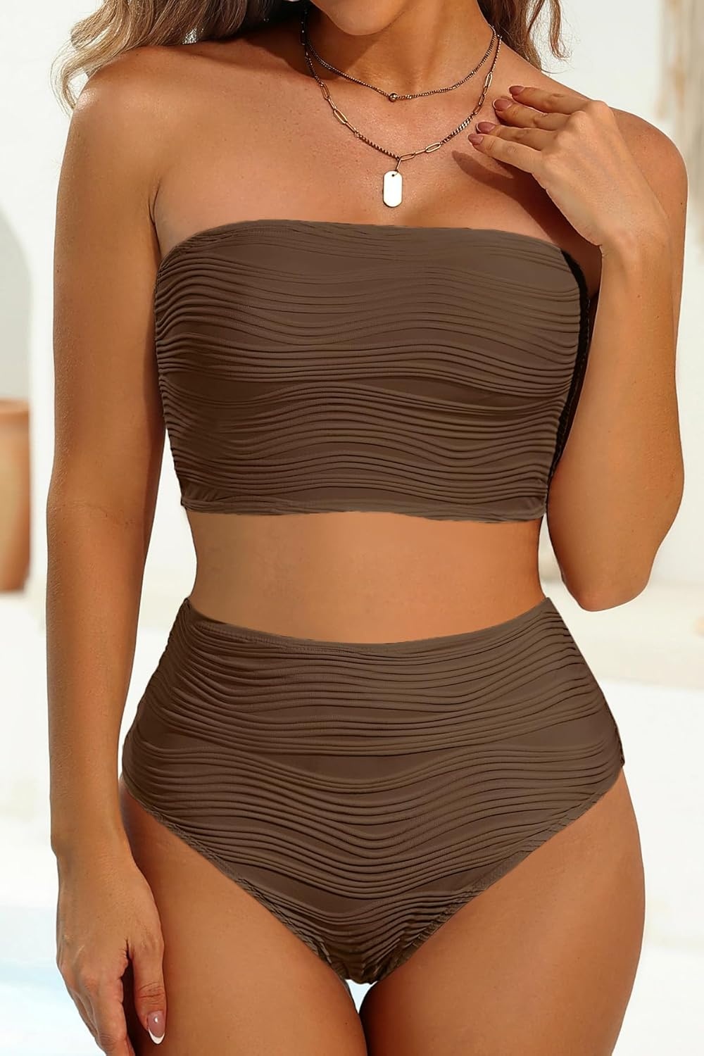 High Waisted Bandeau Bikini Set – Women Strapless Two Piece Swimsuits Ribbed Longline Full Coverage Bathing Suits Swimwear(Brown)