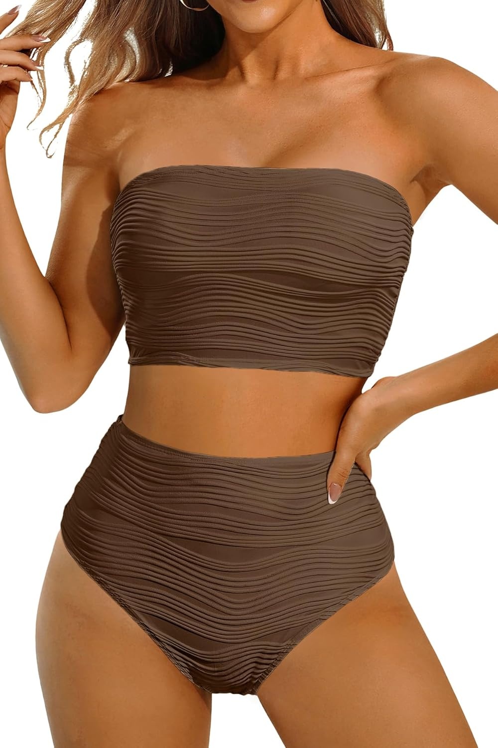 High Waisted Bandeau Bikini Set – Women Strapless Two Piece Swimsuits Ribbed Longline Full Coverage Bathing Suits Swimwear(Brown)