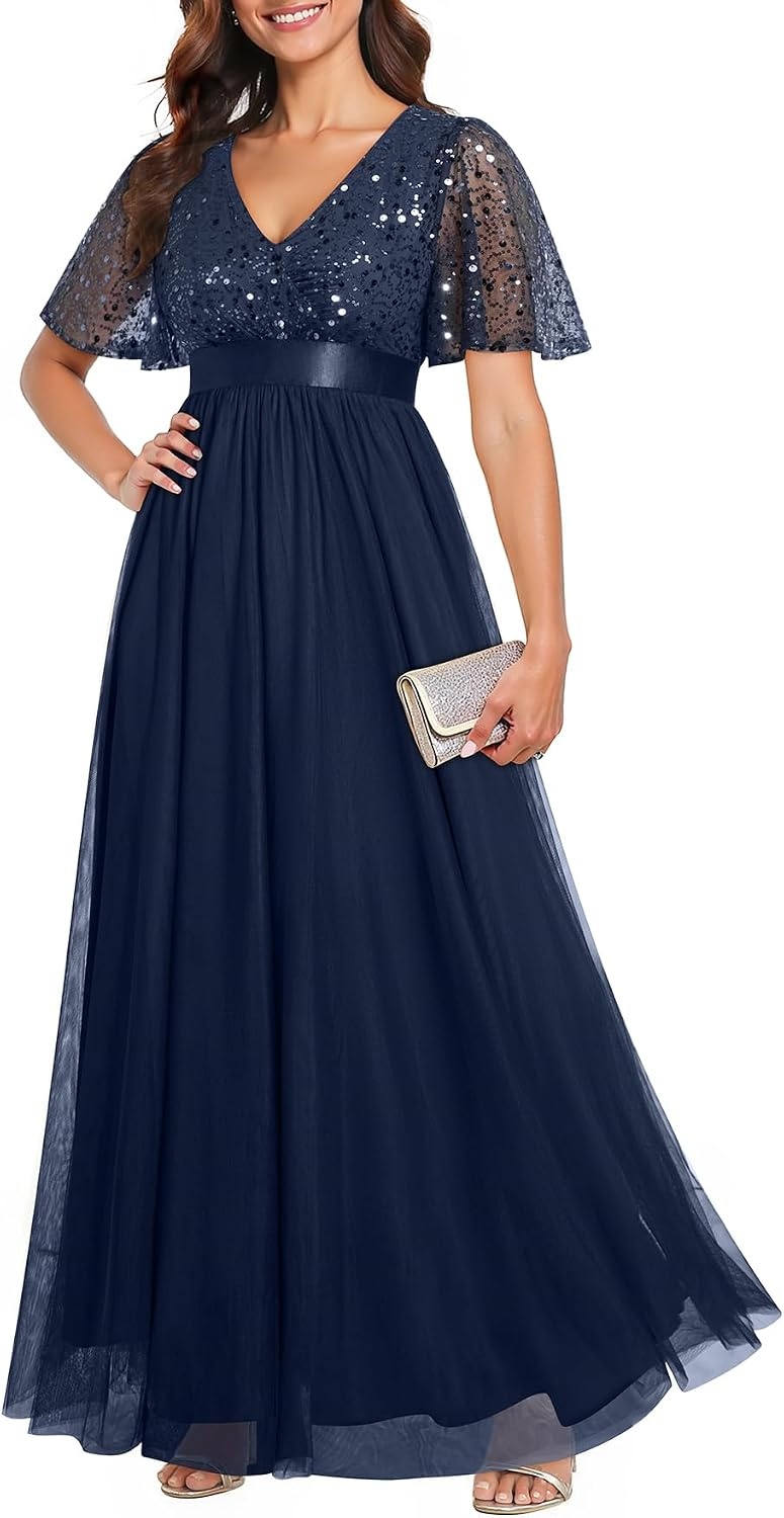 Formal Dresses Sequin Tulle V Neck A Line Long Dress Prom Evening Gown | Women Formal Long Dresses Sequin Short Sleeve Prom Evening Ball Gown Elegant Mother of the Bride A Line Dress(Navy Blue)