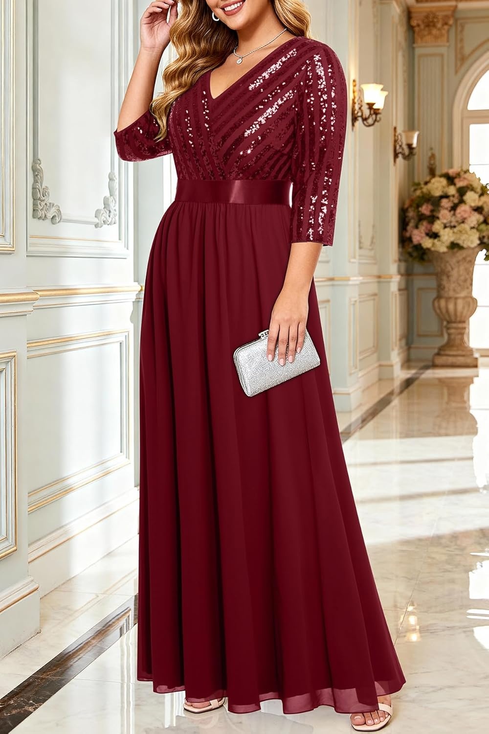 Talisea Womens Plus Size Formal Dresses – V Neck 3/4 Sleeve Sequin Prom Evening Gowns Long Maxi Dress(Burgundy)