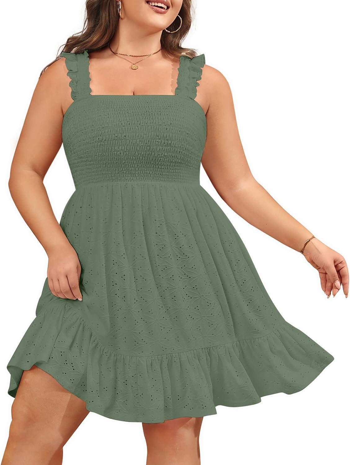 Talisea Womens Plus Size Eyelet Square Neck Smocked Summer Sundress(Gray Green)