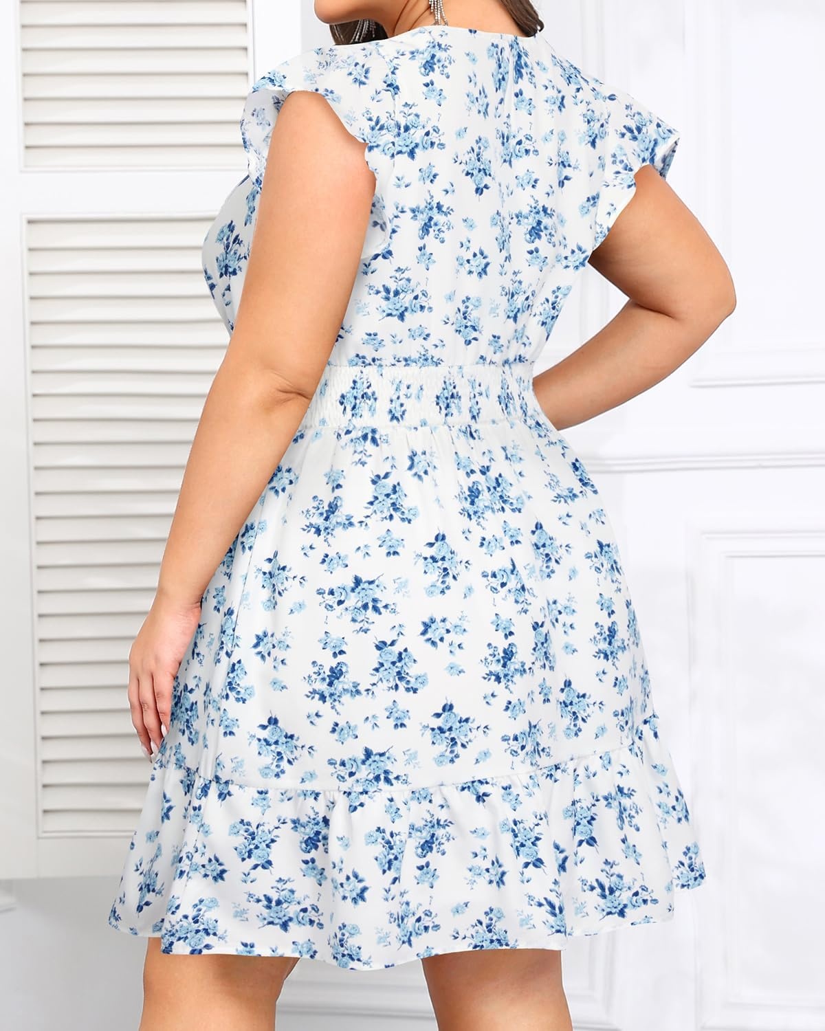 Talisea Womens Plus Size V Neck Ruffle Sleeve Flowy Summer Dress | V neckline / ruffle sleeves / tiered A-line hem / smocked waist / functional pockets / flowy short silhouette(Blue White Floral)