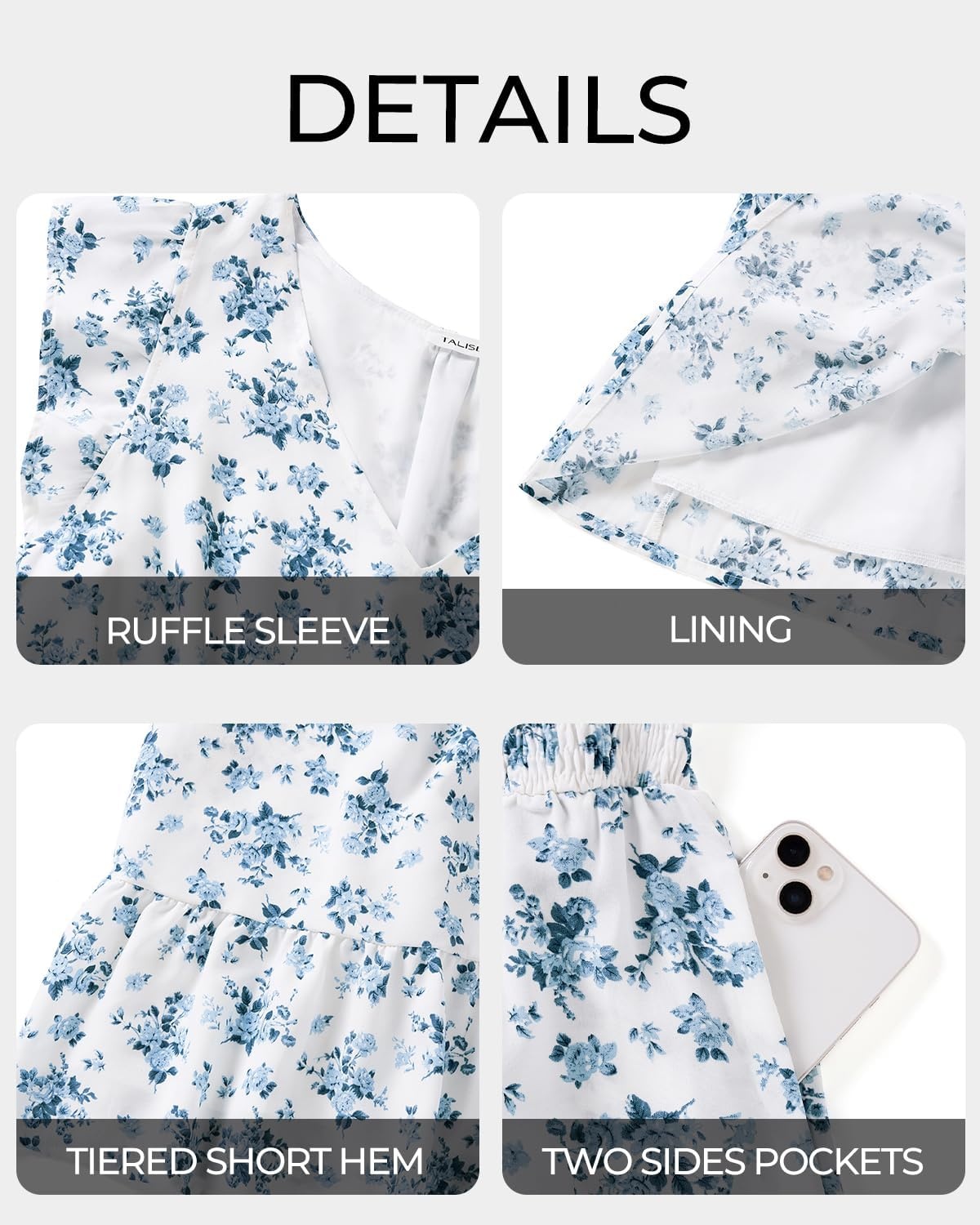 Talisea Womens Plus Size V Neck Ruffle Sleeve Flowy Summer Dress | V neckline / ruffle sleeves / tiered A-line hem / smocked waist / functional pockets / flowy short silhouette(Blue White Floral)