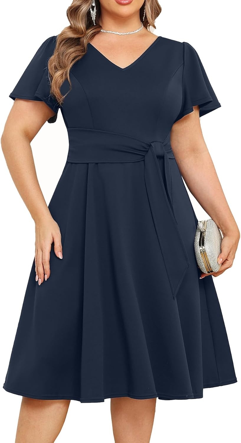 Plus Size Wedding Guest Dress – Cocktail Formal Fall Short Sleeve V Neck A-Line Midi Dresses for Women 2025(Navy Blue)