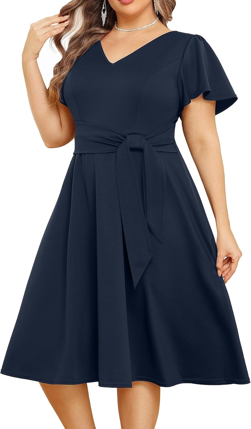 Plus Size Wedding Guest Dress – Cocktail Formal Fall Short Sleeve V Neck A-Line Midi Dresses for Women 2025(Navy Blue)