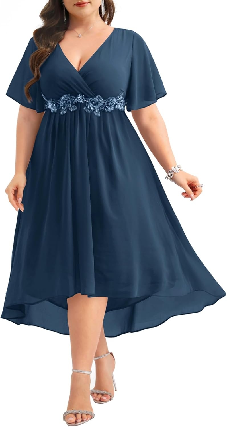 TALISEA Plus Size Dresses Wedding Guest – Formal Cocktail Chiffon Appliques V Neck Ruffle Short Sleeve High Low Dress Women(Navy Blue)
