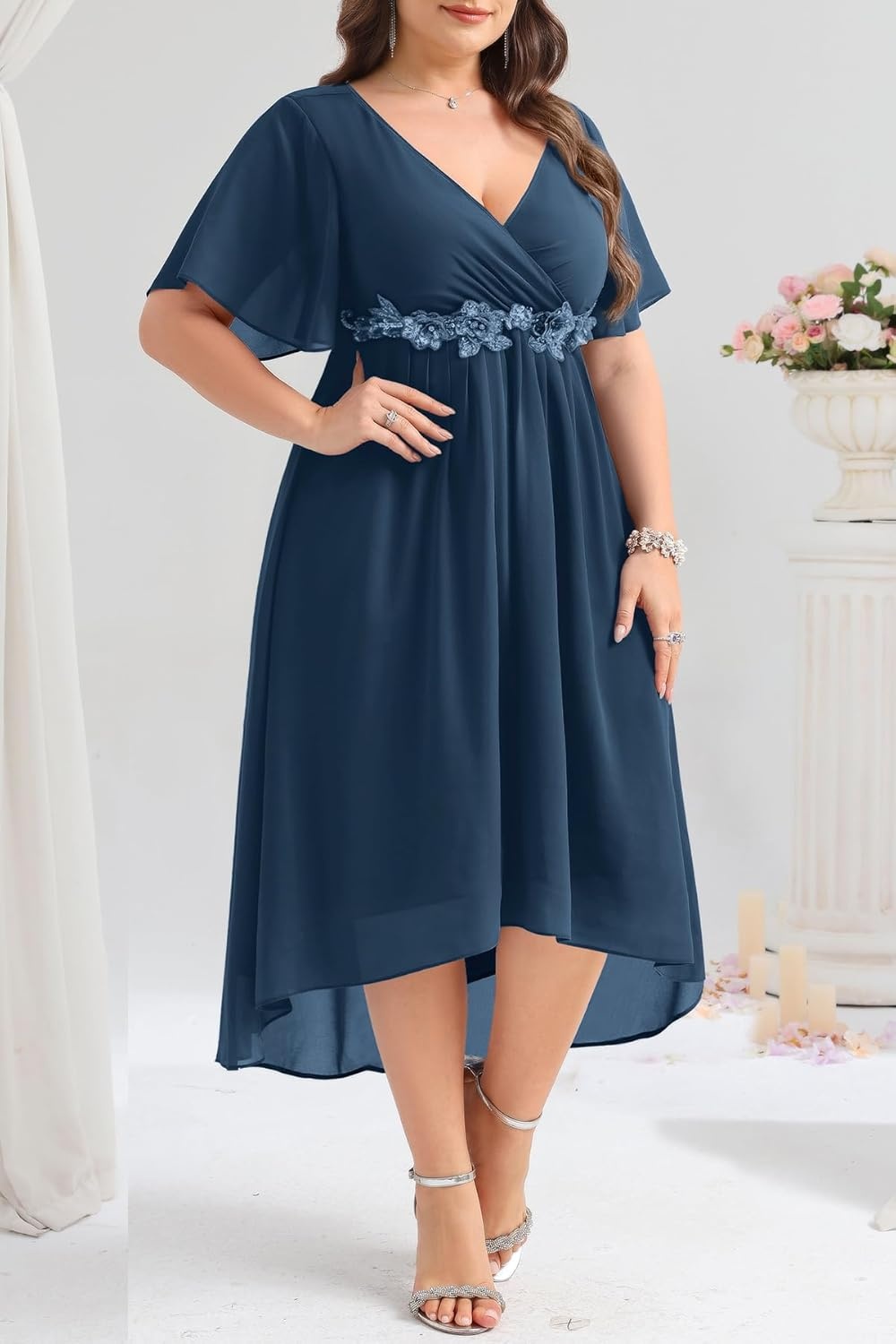 TALISEA Plus Size Dresses Wedding Guest – Formal Cocktail Chiffon Appliques V Neck Ruffle Short Sleeve High Low Dress Women(Navy Blue)