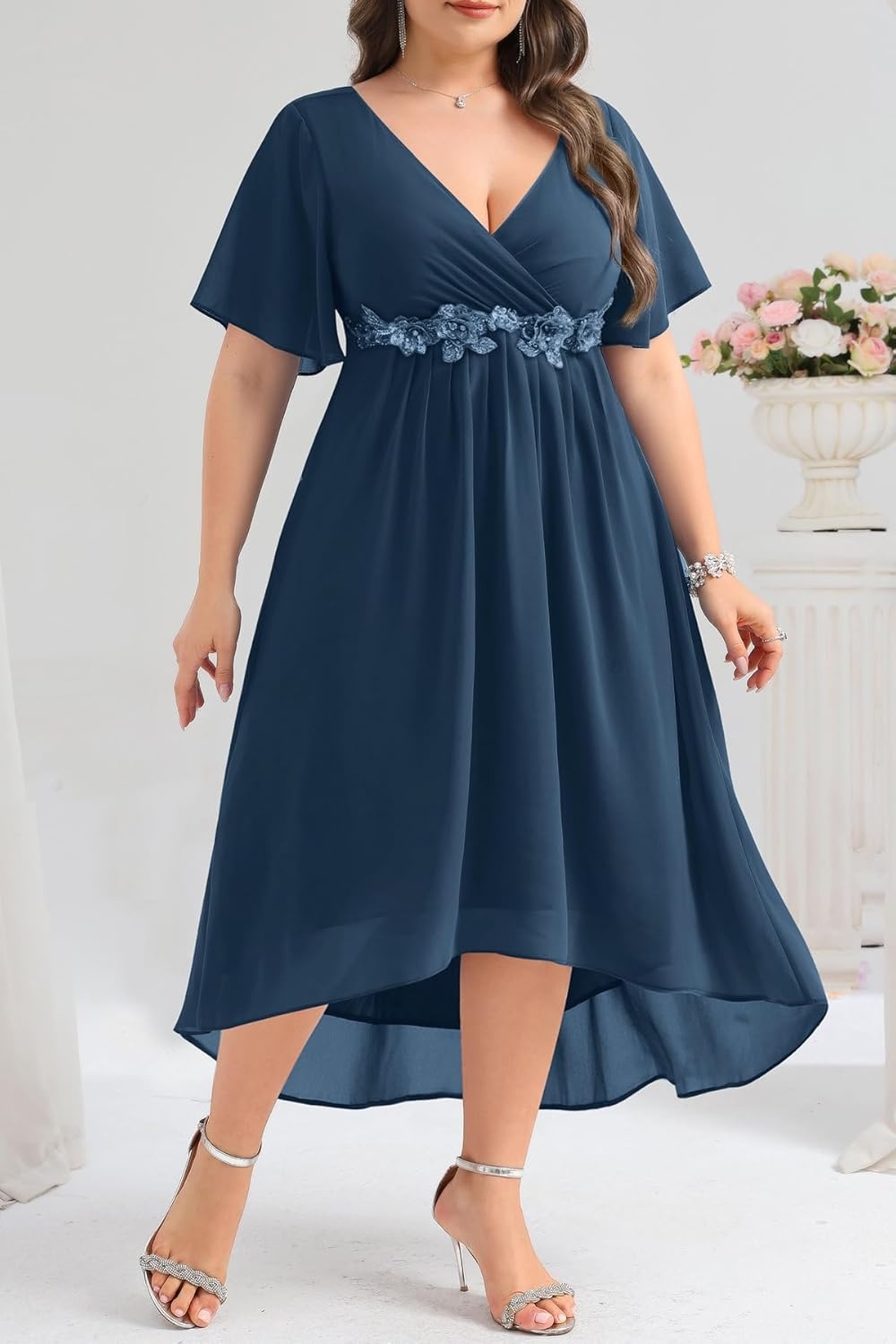 TALISEA Plus Size Dresses Wedding Guest – Formal Cocktail Chiffon Appliques V Neck Ruffle Short Sleeve High Low Dress Women(Navy Blue)