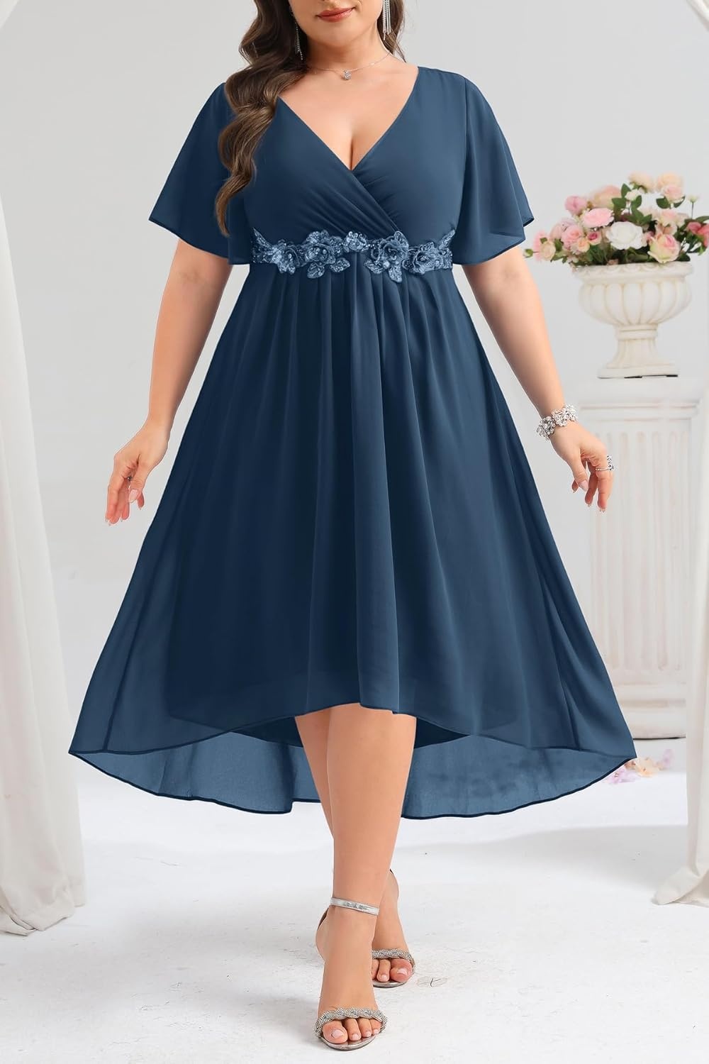 TALISEA Plus Size Dresses Wedding Guest – Formal Cocktail Chiffon Appliques V Neck Ruffle Short Sleeve High Low Dress Women(Navy Blue)