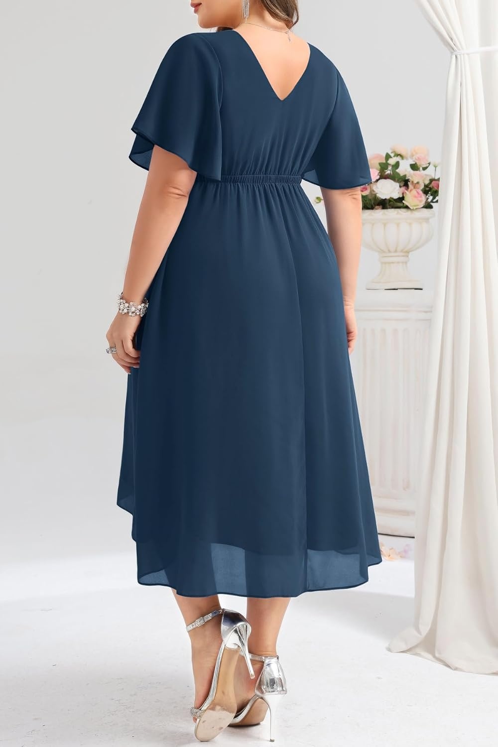 TALISEA Plus Size Dresses Wedding Guest – Formal Cocktail Chiffon Appliques V Neck Ruffle Short Sleeve High Low Dress Women(Navy Blue)