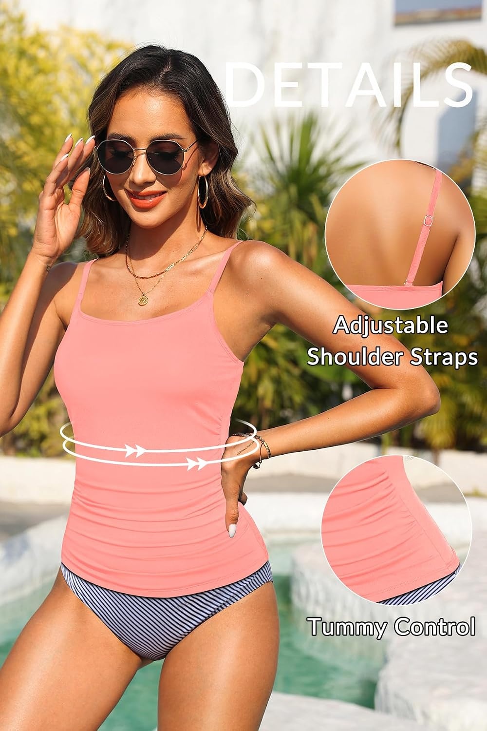 Women’s Tankini Top Only Tummy Control Bathing Suits Top U Neck Swimwear Tops No Bottom(Coral Pink)