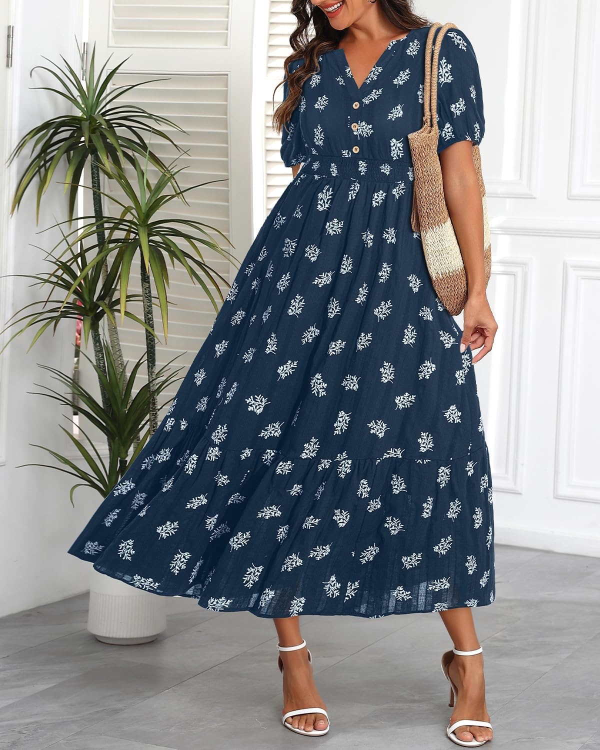 Talisea Womens Summer Maxi Dress – Puff Sleeve V Neck Smocked Tiered Boho Casual A-Line Wedding Guest Long Dress with Pockets(Navy (Printed))