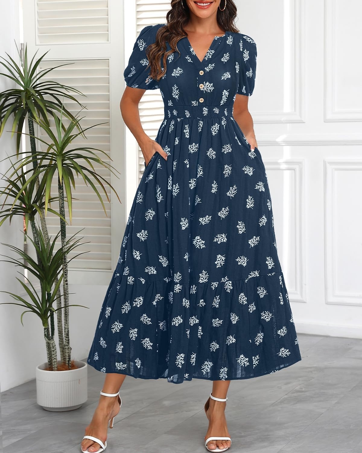 Talisea Womens Summer Maxi Dress – Puff Sleeve V Neck Smocked Tiered Boho Casual A-Line Wedding Guest Long Dress with Pockets(Navy (Printed))