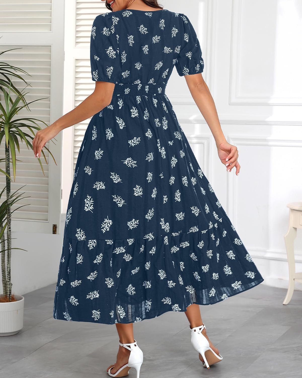 Talisea Womens Summer Maxi Dress – Puff Sleeve V Neck Smocked Tiered Boho Casual A-Line Wedding Guest Long Dress with Pockets(Navy (Printed))
