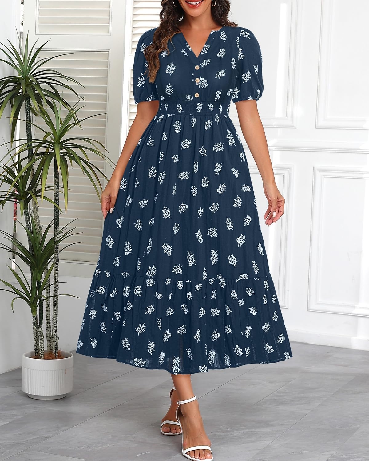 Talisea Womens Summer Maxi Dress – Puff Sleeve V Neck Smocked Tiered Boho Casual A-Line Wedding Guest Long Dress with Pockets(Navy (Printed))