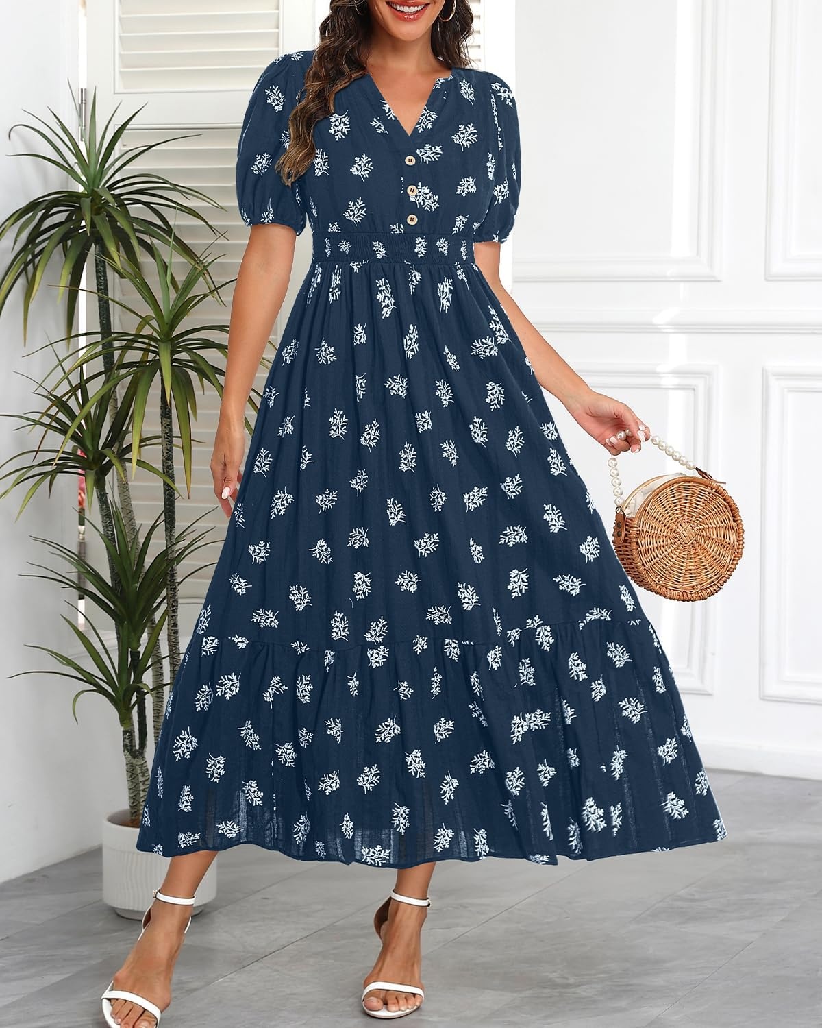 Talisea Womens Summer Maxi Dress – Puff Sleeve V Neck Smocked Tiered Boho Casual A-Line Wedding Guest Long Dress with Pockets(Navy (Printed))