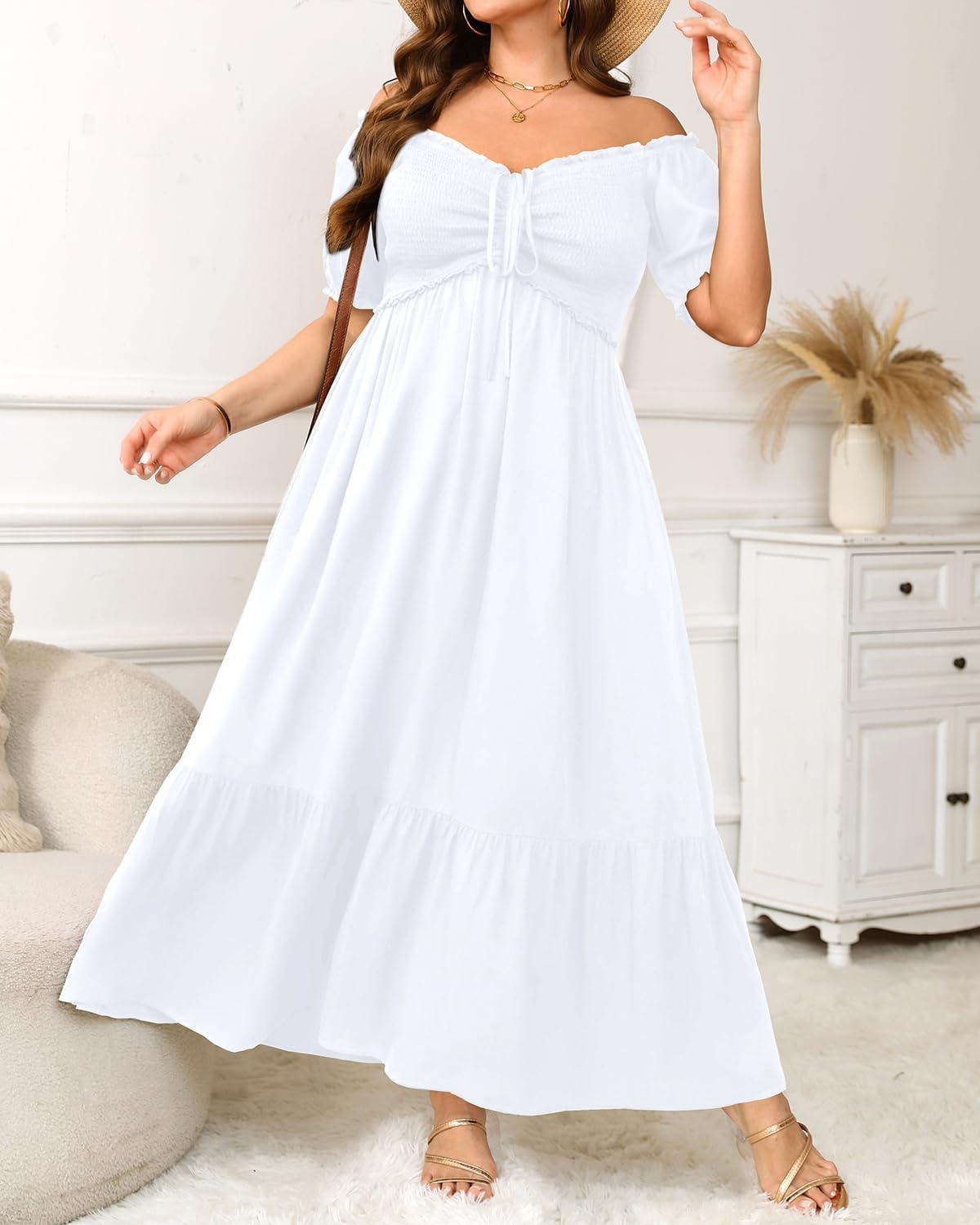 Plus Size Summer Dresses Off the Shoulder Boho Maxi A Line Long Dress Women | Plus Size Summer Maxi Dresses Women Casual Boho Off the Shoulder Long Dress Spring Flowy Beach Vacation Sundress(White)