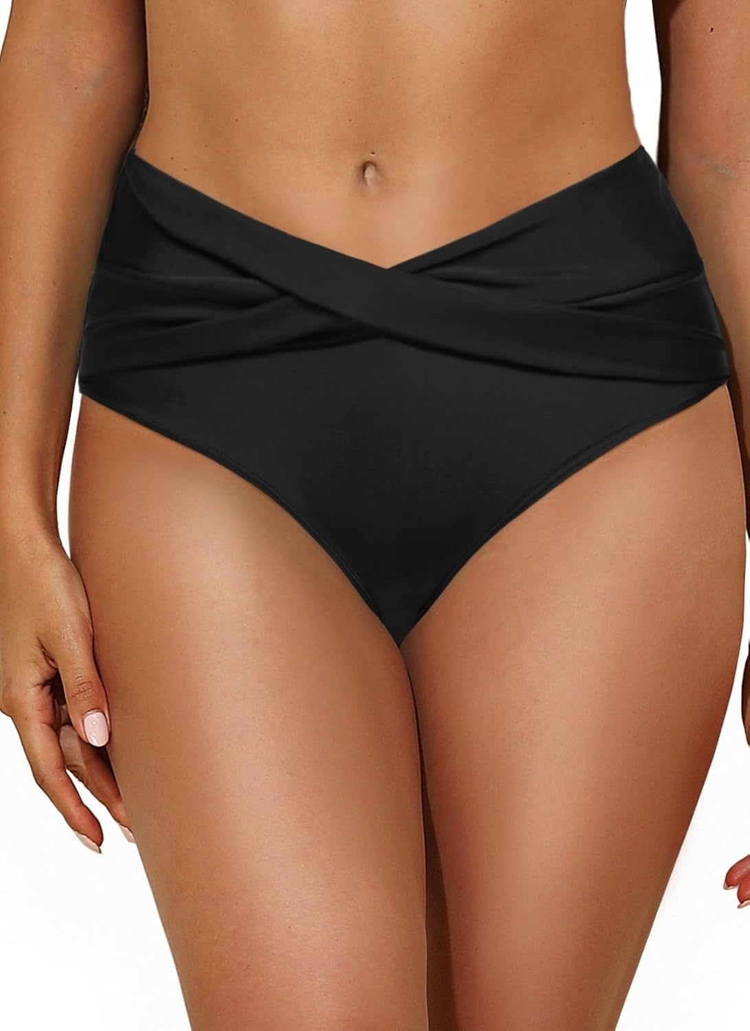 Talisea Women Full Coverage Bikini Bottom – V Cut Bathing Suit Bottoms Mid Waist Twist Front Swimsuit Bottom Swimwear 2025(Black)