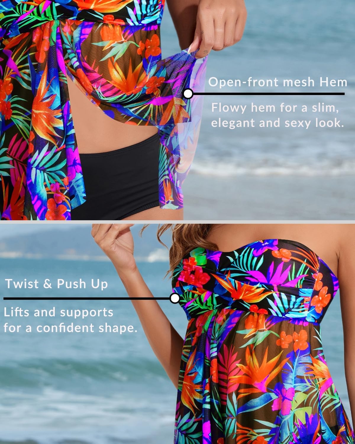 Talisea Women Bandeau Tankini Top Only Mesh Strapless Swimsuits Top Halter Flyaway Bathing Suits No Bottom(Colorful Leaves)