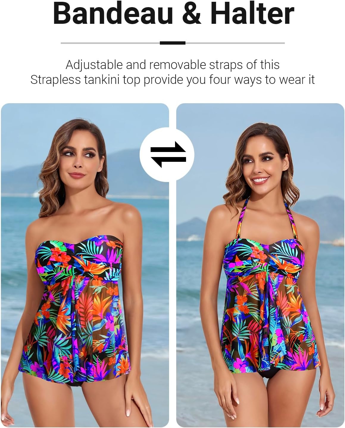 Talisea Women Bandeau Tankini Top Only Mesh Strapless Swimsuits Top Halter Flyaway Bathing Suits No Bottom(Colorful Leaves)