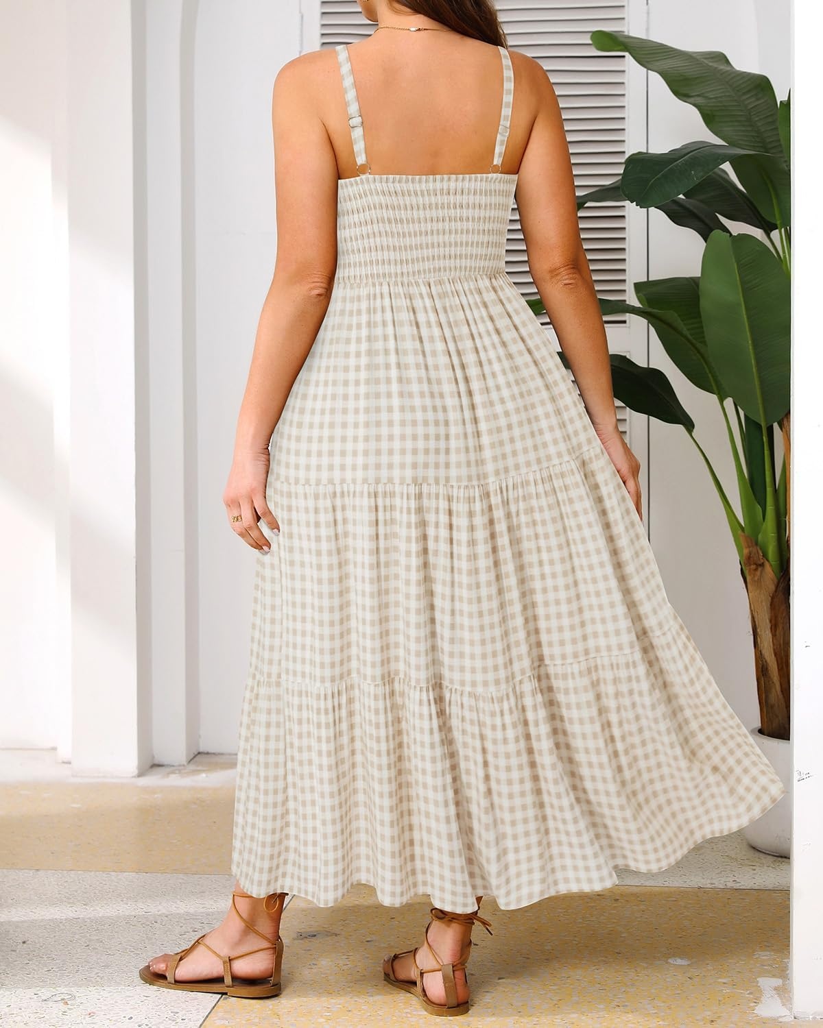 Plus Size Summer Dresses – Boho Maxi Sundress with Pockets Spaghetti Strap Long Casual Sun Dress for Vacation and Beach(Beige Plaid)