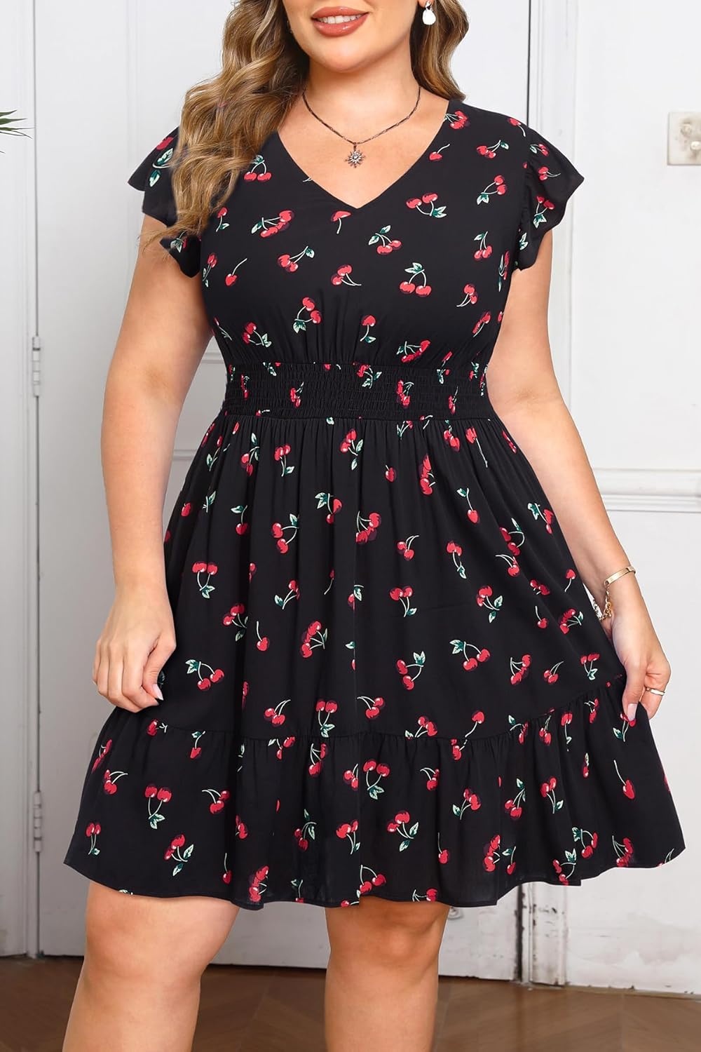 Talisea Womens Plus Size Summer Dress – Casual Beach Floral Print V Neck Ruffle Sleeve Flowy Short Sundress with Pockets(Black Cherry)
