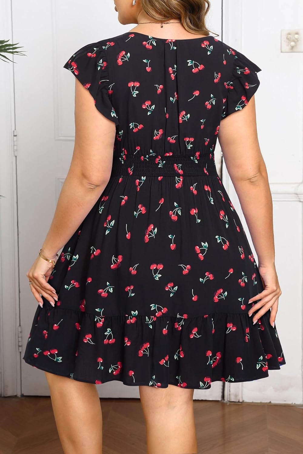 Talisea Womens Plus Size Summer Dress – Casual Beach Floral Print V Neck Ruffle Sleeve Flowy Short Sundress with Pockets(Black Cherry)