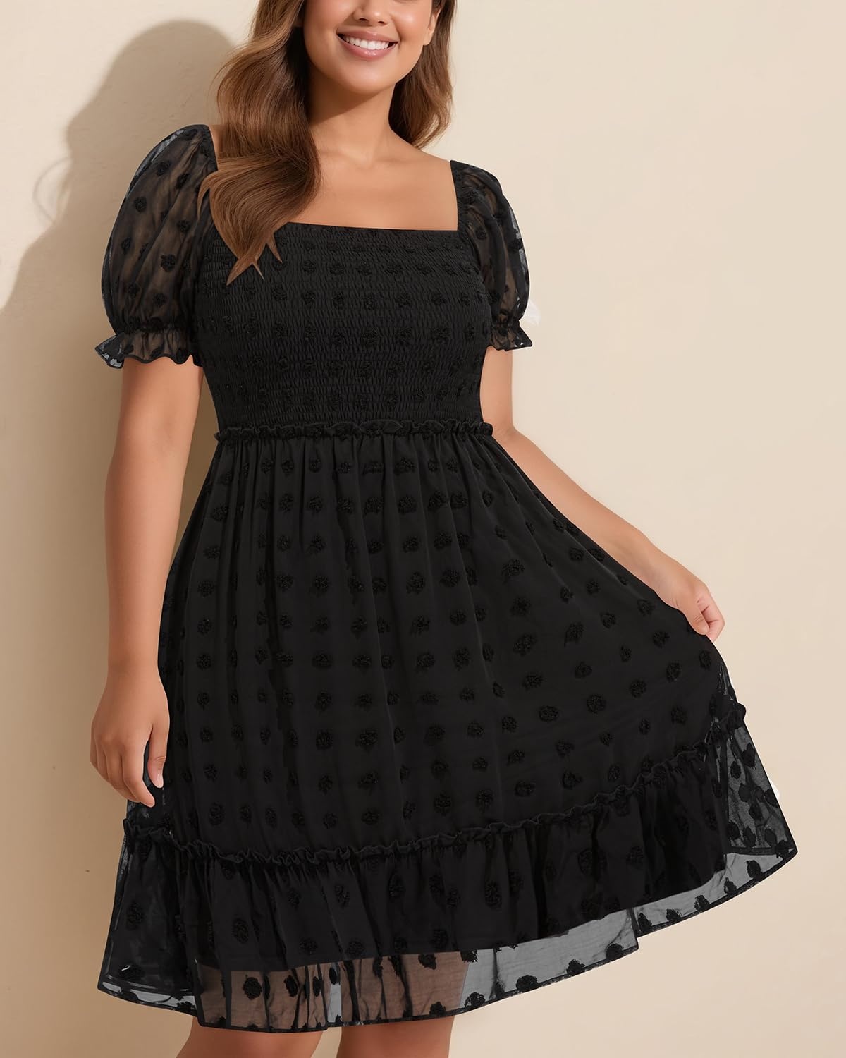 Talisea Plus Size Square Neck Graduation Summer Casual Sundress Chiffon Swiss Dot Ruffle Flowy Short Smocked Dress(Black)