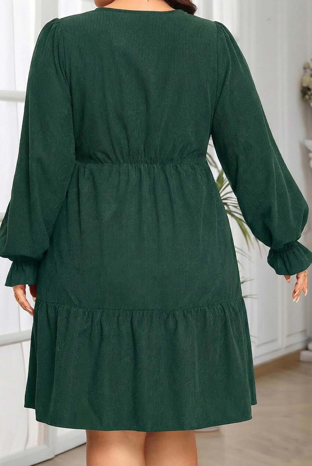 Plus Size Fall Dresses Casual Long Sleeve Corduroy Short Babydoll Dress | Plus Size Fall Long Sleeve Dresses Women Corduroy Casual A Line Tiered Short Dress Loose Tunic V Neck Babydoll Dress Winter(Dark Green)