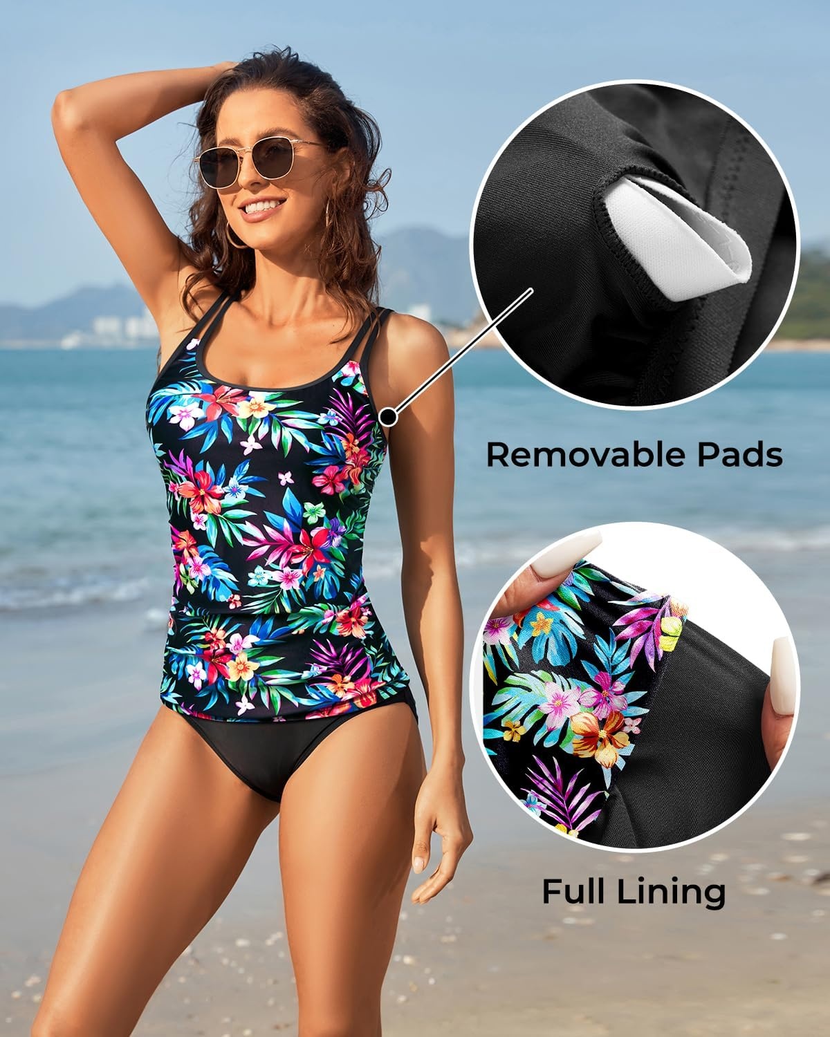 Women Tankini Swim Top Only – Tummy Control Swimsuit Bathing Suit Top (Available in Plus)(Colorful Floral)