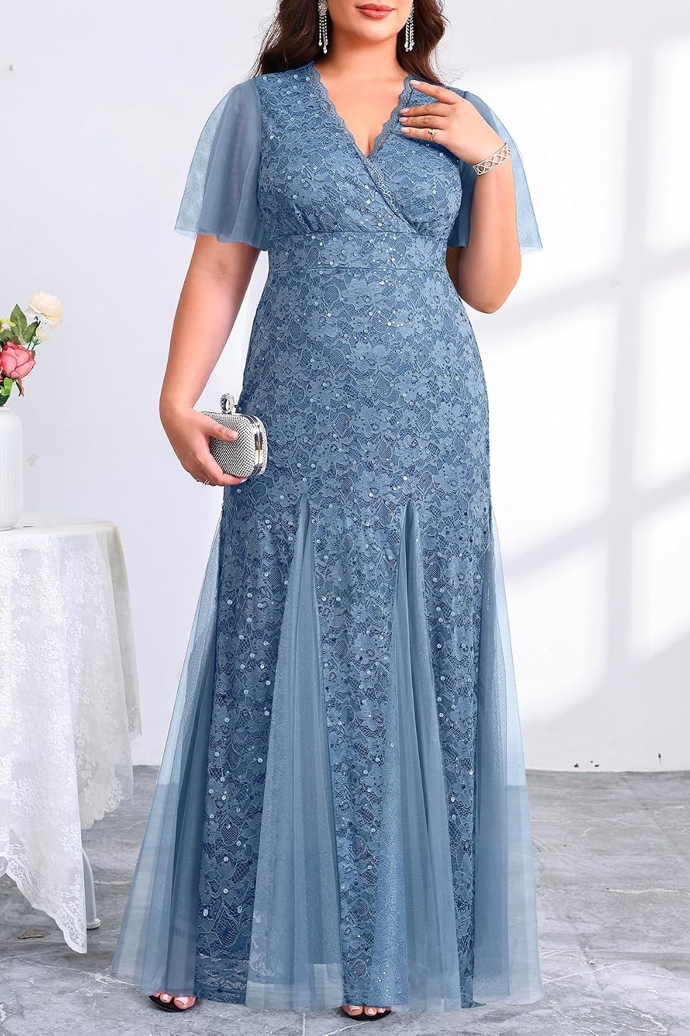 Plus Size Formal Dress Sequin Lace Mermaid Wedding Guest Maxi Gown | V-Neck with Lace Trim, Sheer Flutter Sleeves, High Waist & Tulle Mermaid Hem Gown for Formal Evening, Wedding Guest & Party(Blue)