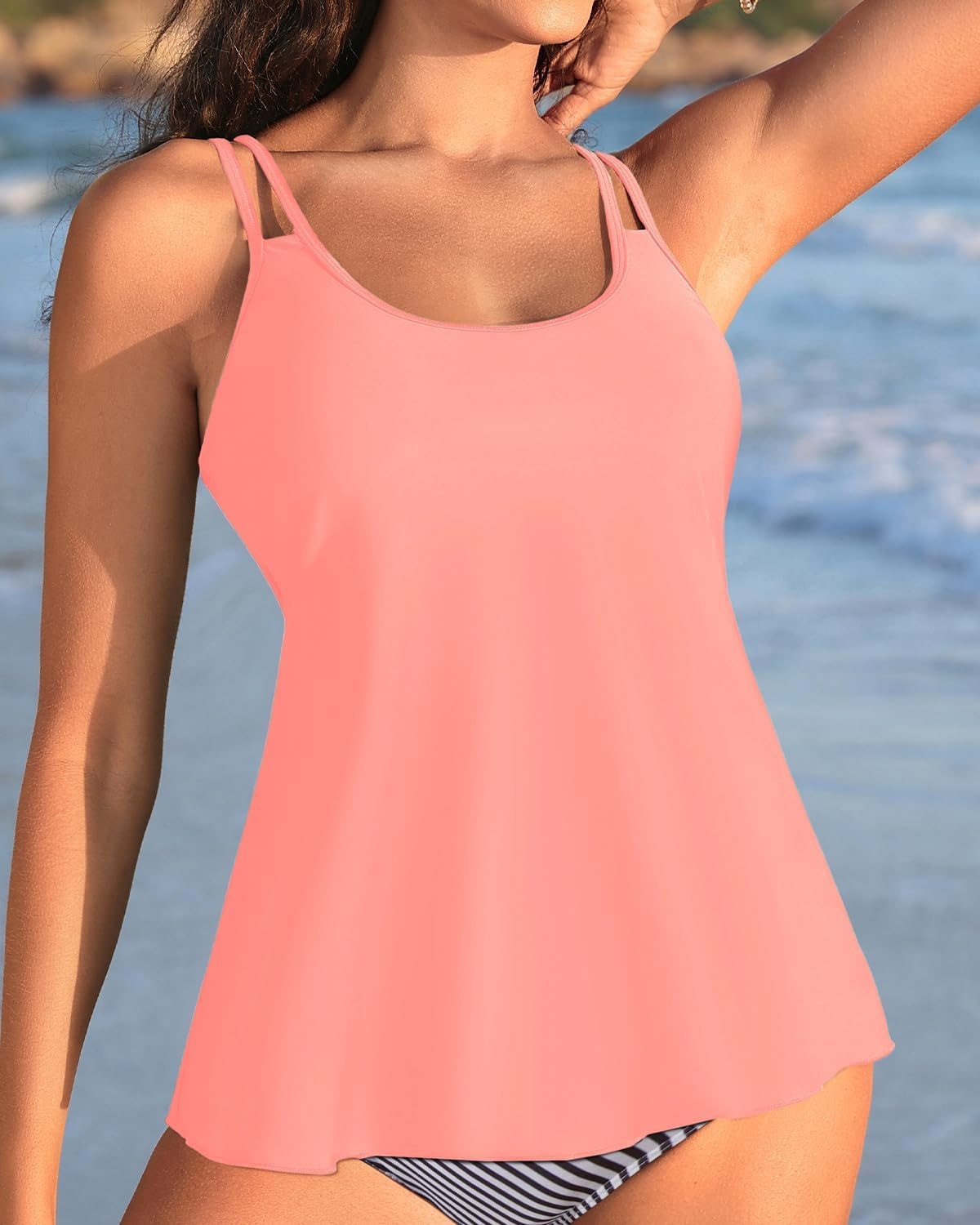 Womens Flowy Tankini Tops Only – Modest Bathing Suit Swim Tops No Bottom | Flowy design provides a relaxed fit. Adjustable straps offers a customizable fit. Removable Pads and fully lined for comfort(Coral Pink)
