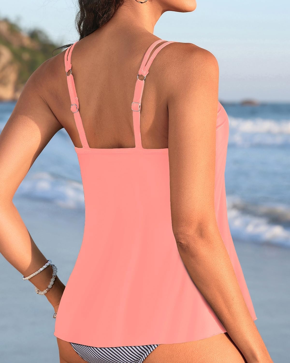 Womens Flowy Tankini Tops Only – Modest Bathing Suit Swim Tops No Bottom | Flowy design provides a relaxed fit. Adjustable straps offers a customizable fit. Removable Pads and fully lined for comfort(Coral Pink)