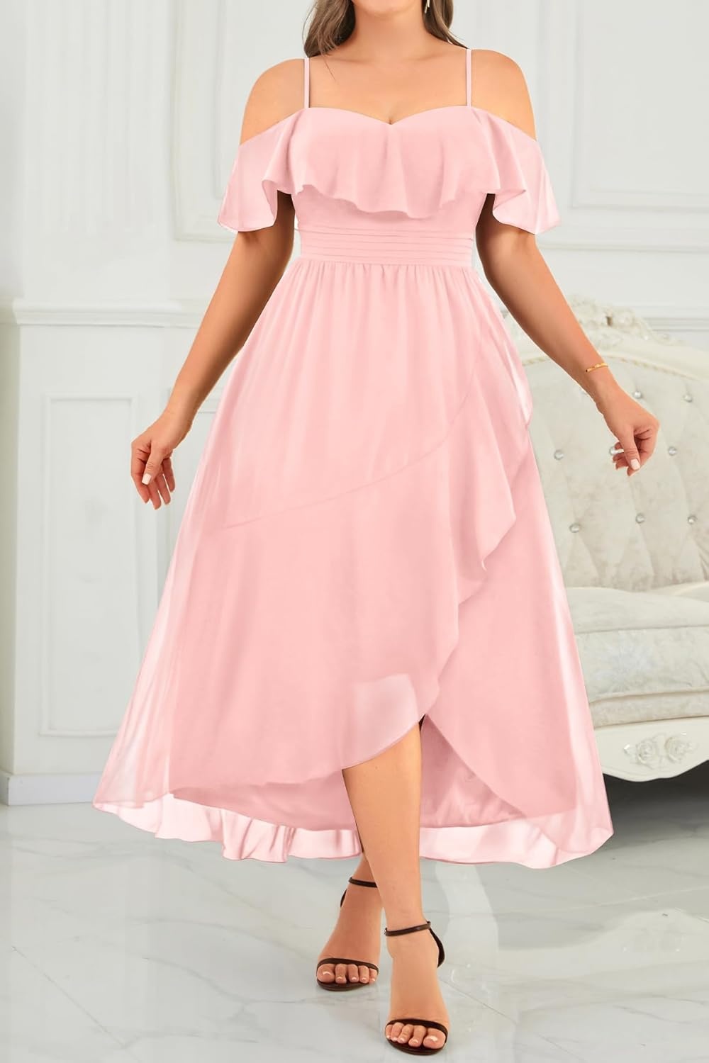 Talisea Plus Size Dresses Wedding Guest – Formal Off The Shoulder Bridesmaid Chiffon Ruffle Long High Low Dress Curvy Women(Light Pink)