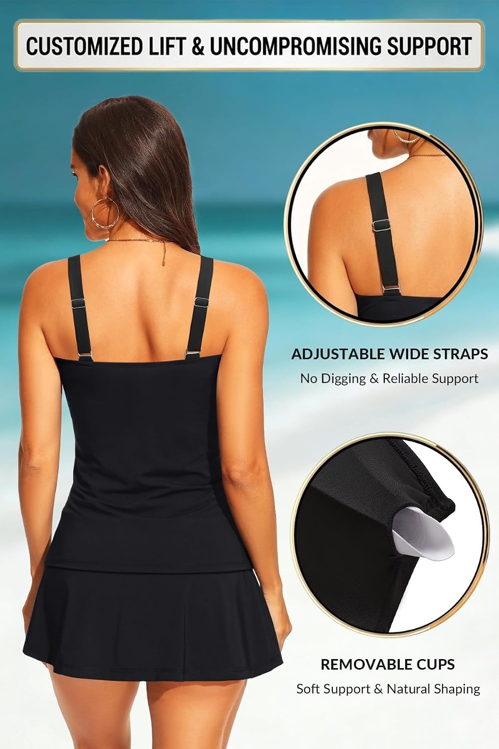 Talisea Womens Two Piece Tankini Bathing Suits with Skirt Tummy Control Swimsuits Ladies Swimwear(Black)