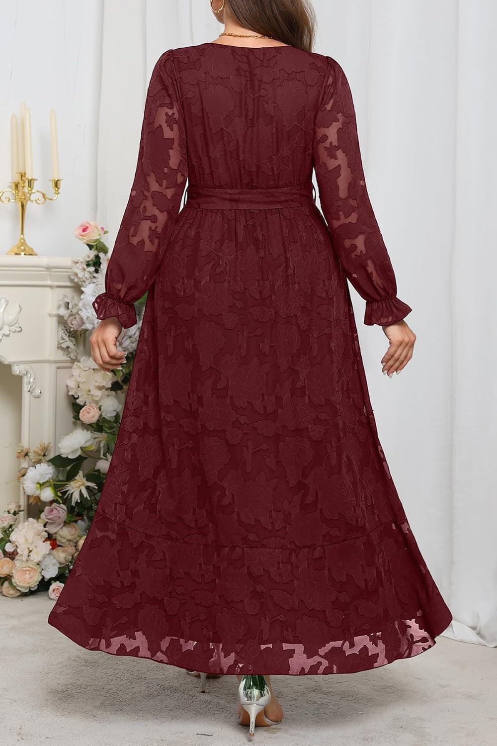 Plus Size Dresses Wedding Guest – Fall Semi Formal Floral Long Sleeve Wrap V Neck High Low Maxi Dress with Belt Women(Burgundy)