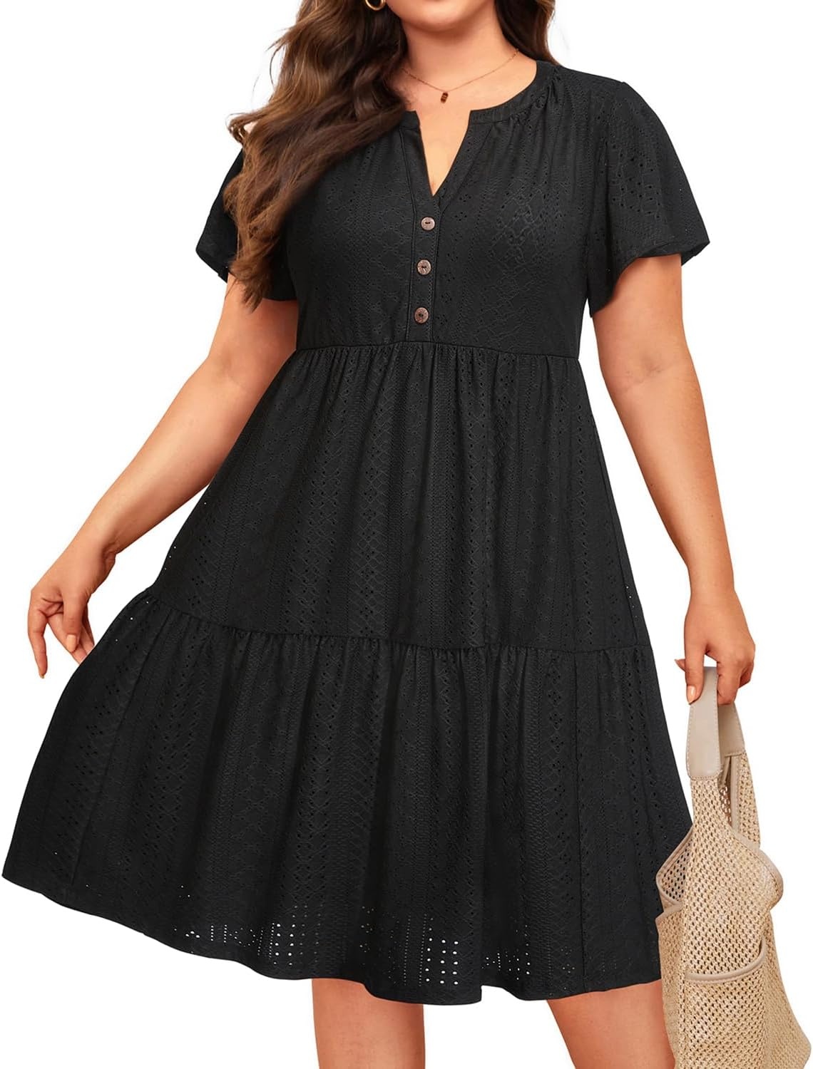 Plus Size Summer Dress Casual Boho Button Up Tiered Midi Sundress Women | Plus Size Summer Casual Dress Curvy Women Flowy Boho Beach Vacation Sundress Eyelet Short Sleeve V Neck Tiered Midi Dresses(Black Eyelet)