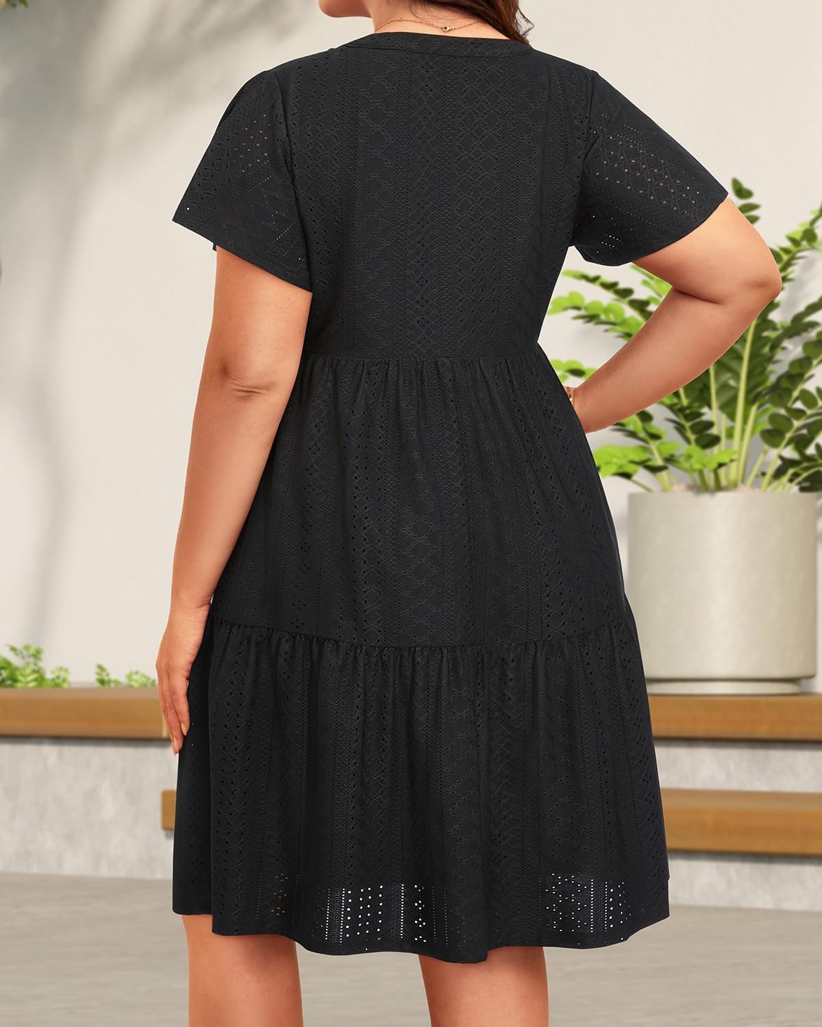 Plus Size Summer Dress Casual Boho Button Up Tiered Midi Sundress Women | Plus Size Summer Casual Dress Curvy Women Flowy Boho Beach Vacation Sundress Eyelet Short Sleeve V Neck Tiered Midi Dresses(Black Eyelet)