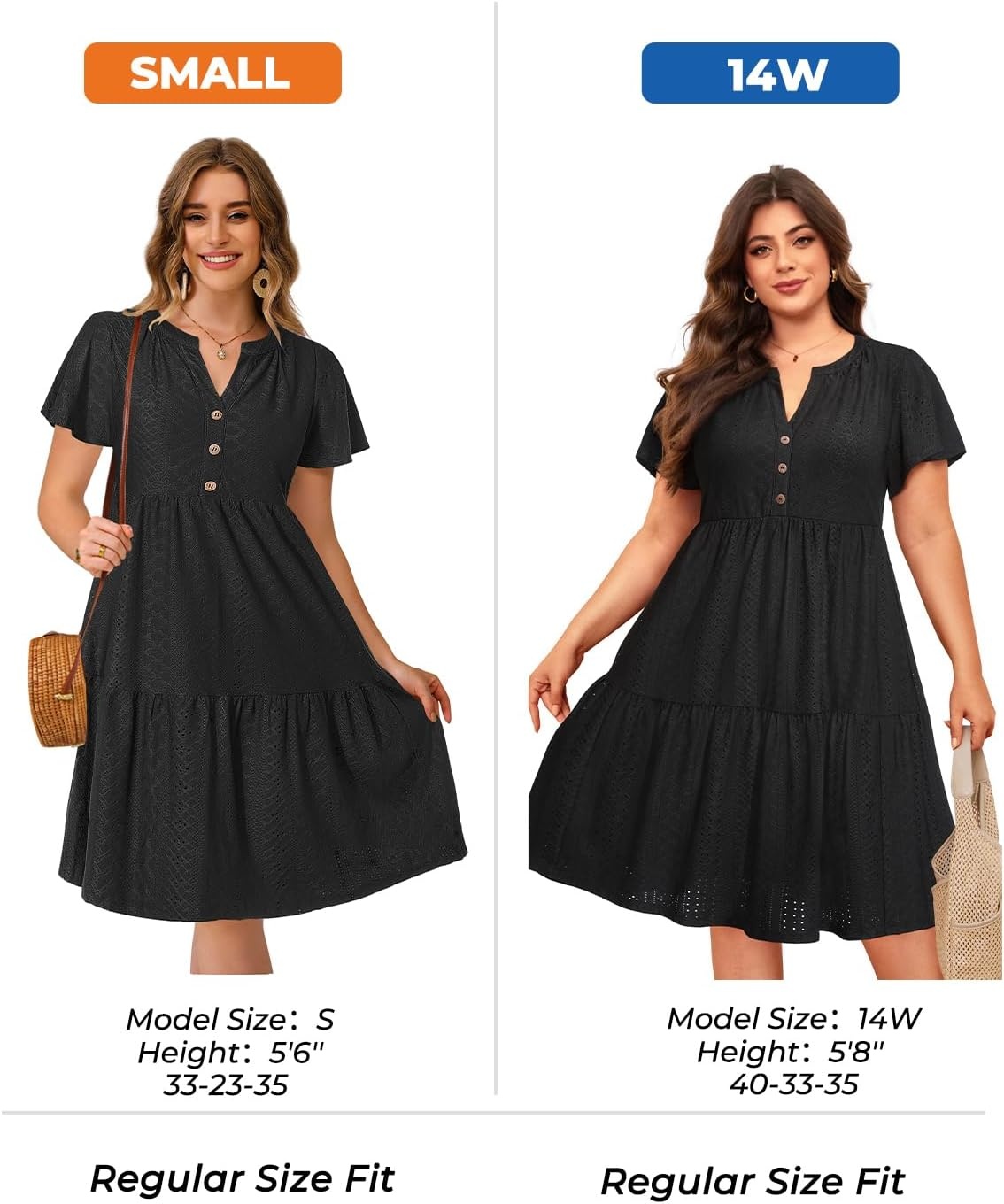 Plus Size Summer Dress Casual Boho Button Up Tiered Midi Sundress Women | Plus Size Summer Casual Dress Curvy Women Flowy Boho Beach Vacation Sundress Eyelet Short Sleeve V Neck Tiered Midi Dresses(Black Eyelet)