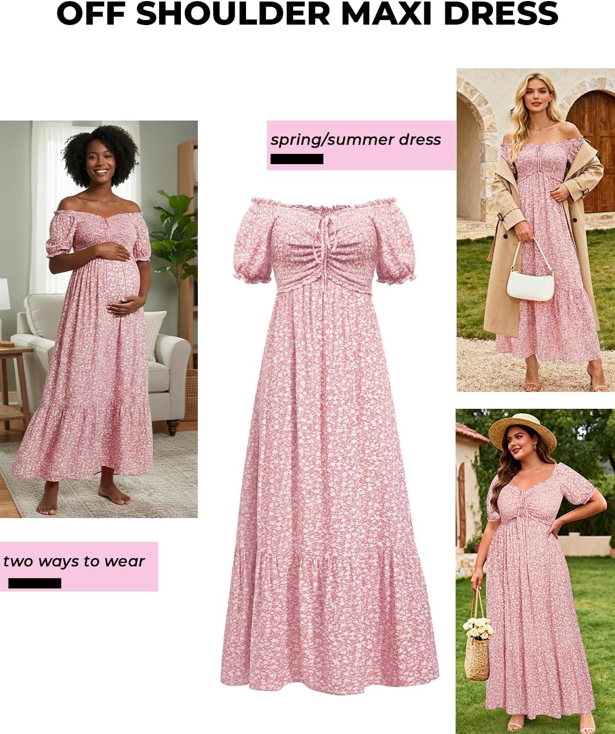 Plus Size Summer Dresses Off the Shoulder Boho Maxi A Line Long Dress Women(Pink Floral)