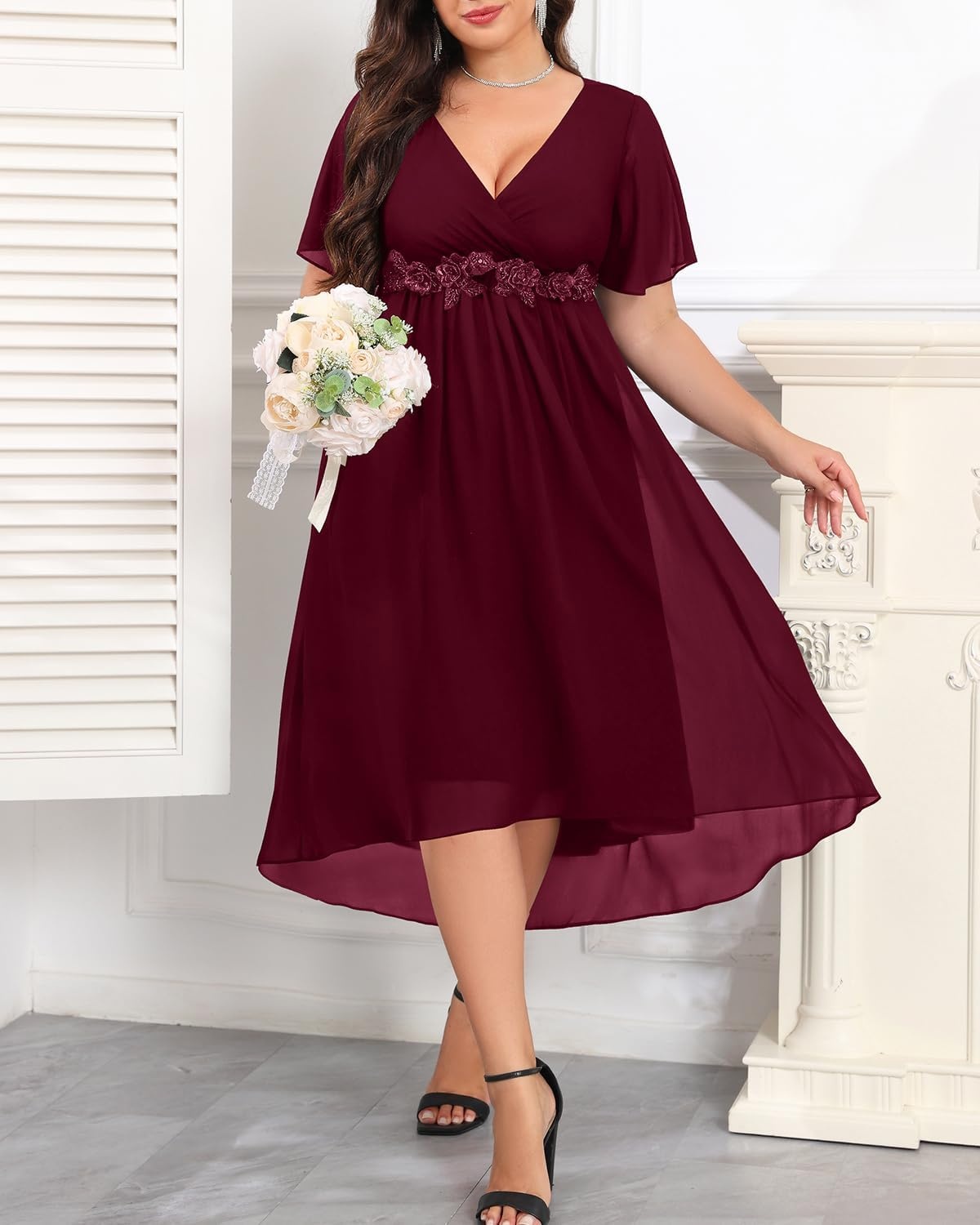 TALISEA Plus Size Dresses Wedding Guest – Formal Cocktail Chiffon Appliques V Neck Ruffle Short Sleeve High Low Dress Women(Burgundy)