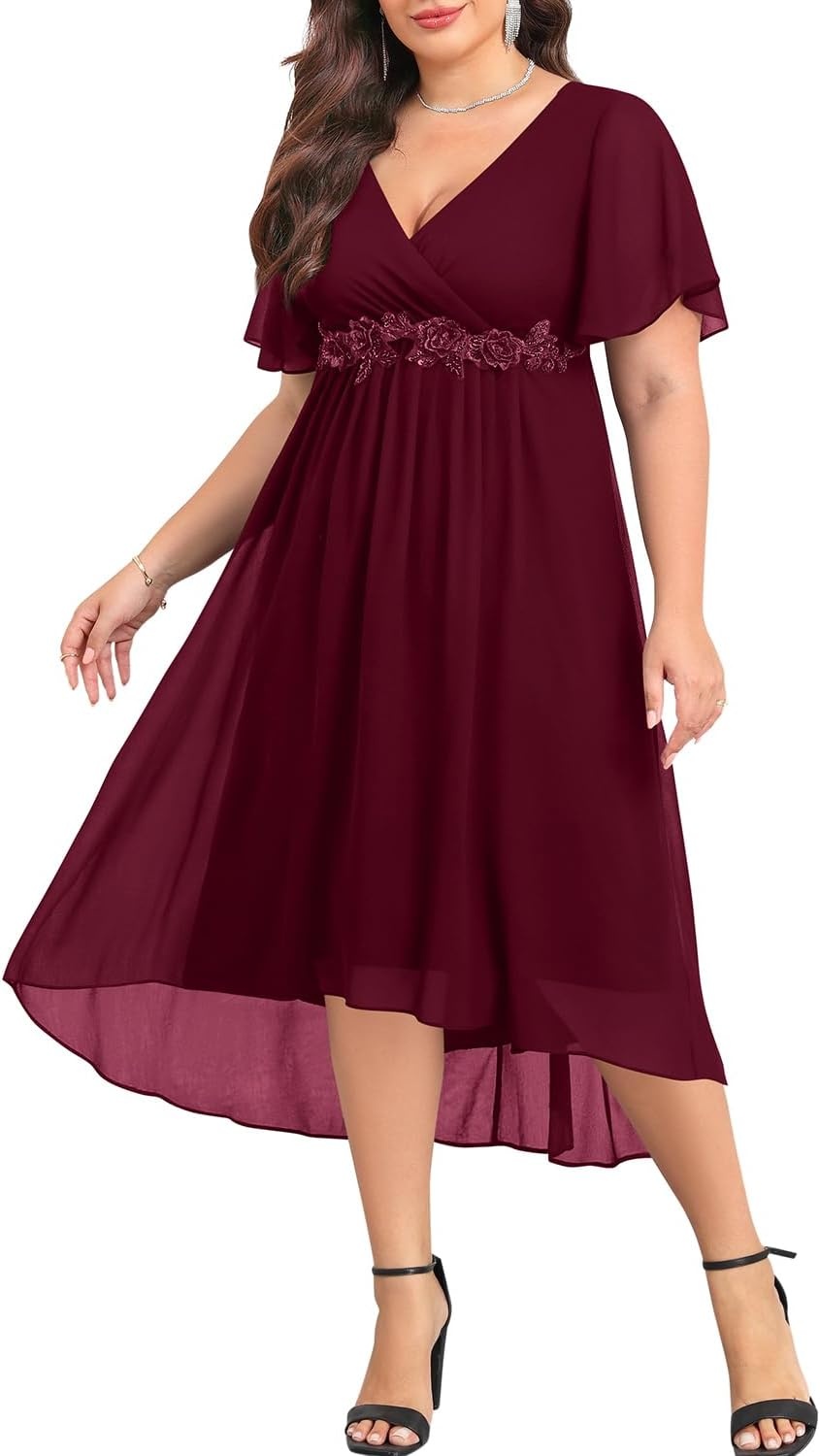 TALISEA Plus Size Dresses Wedding Guest – Formal Cocktail Chiffon Appliques V Neck Ruffle Short Sleeve High Low Dress Women(Burgundy)