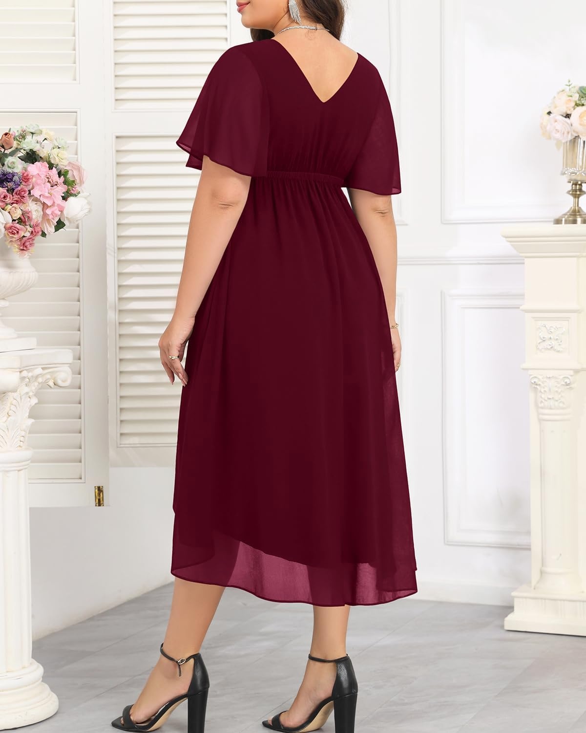 TALISEA Plus Size Dresses Wedding Guest – Formal Cocktail Chiffon Appliques V Neck Ruffle Short Sleeve High Low Dress Women(Burgundy)
