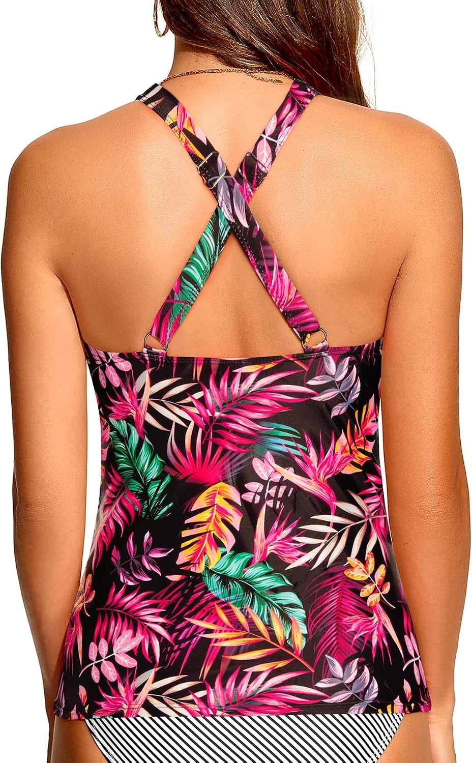 Tummy Control Tankini Top Only – Women Twist V Neck Swim Tops Criss Cross Swimsuit Bathing Suit Top 2025(Red Leaves)