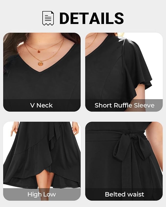 Women Plus Size Wedding Guest Dress – Formal Cocktail Split Ruffle V Neck High Low Party Long Maxi Dresses(Black)