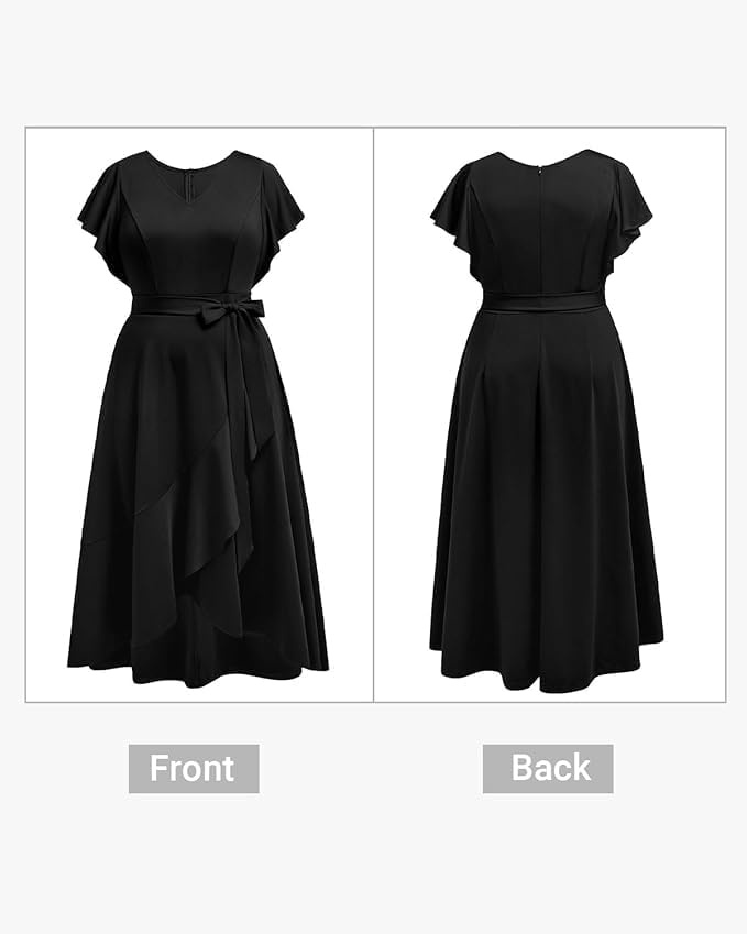 Women Plus Size Wedding Guest Dress – Formal Cocktail Split Ruffle V Neck High Low Party Long Maxi Dresses(Black)