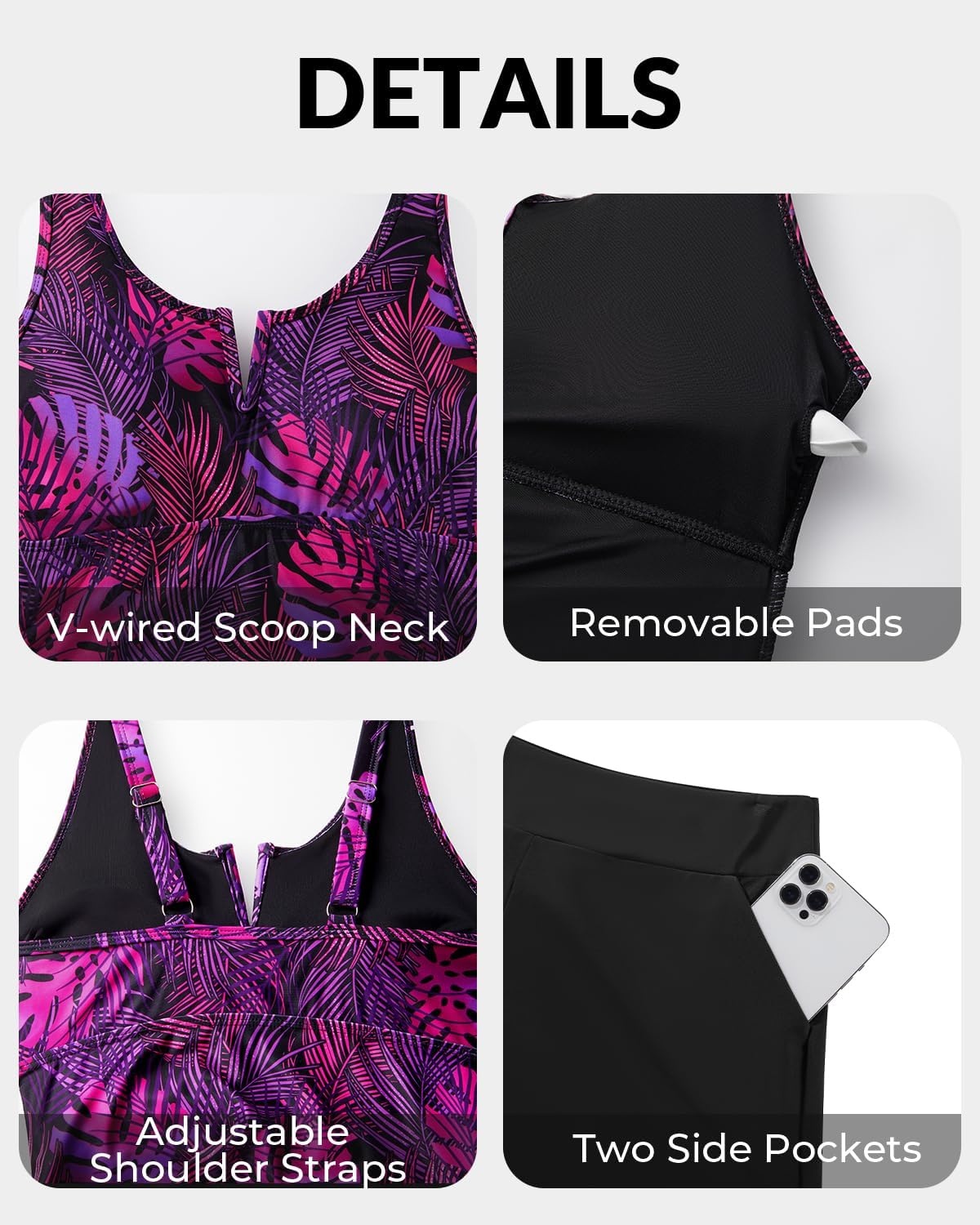 Talisea Tankini Two Piece with Shorts – Womens Tummy Control Swimsuit with Pockets Bathing Suit with V-Wire Boy Shorts(Purple Leaf)