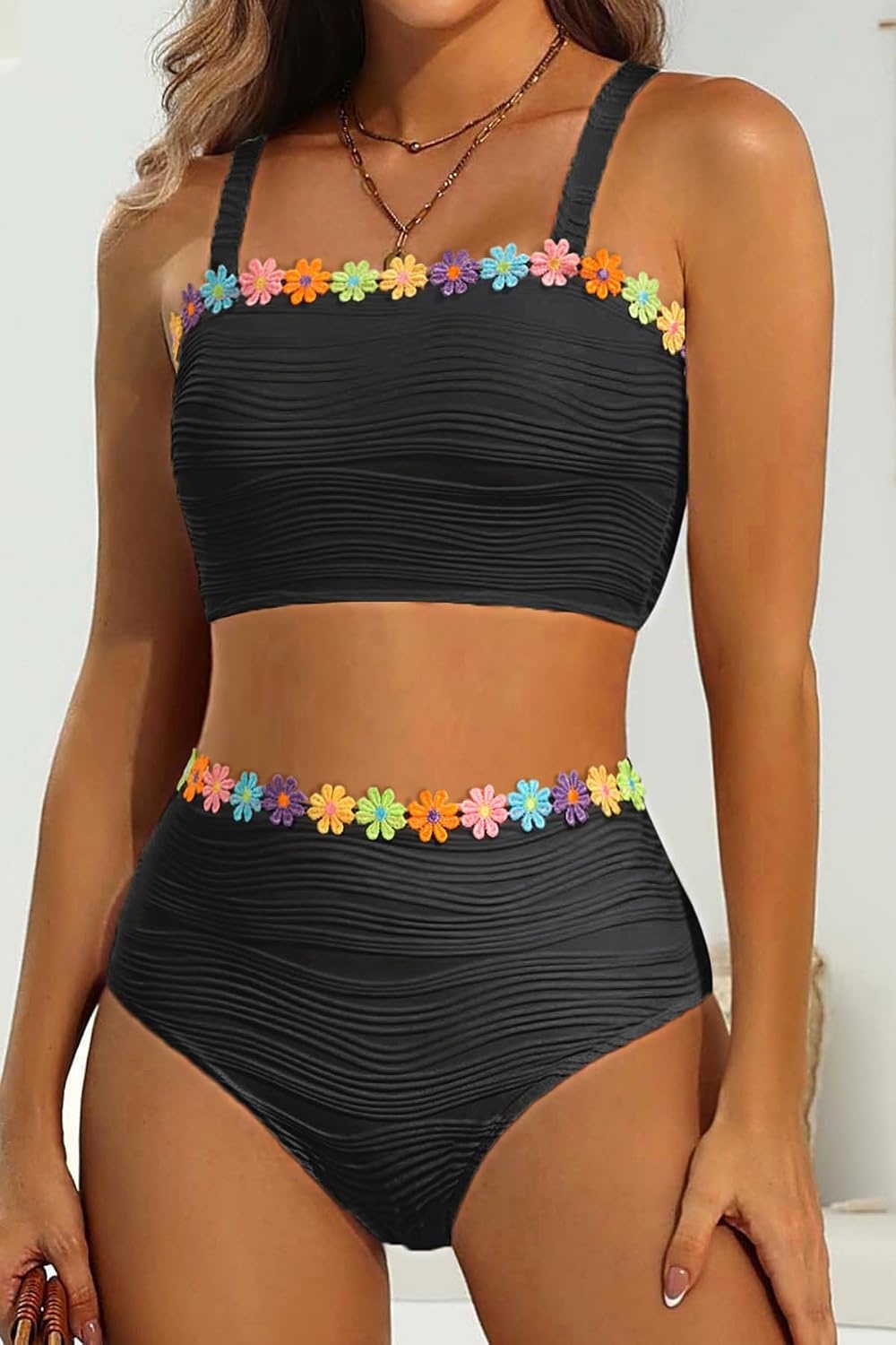 High Waisted Bandeau Bikini Set – Ribbed Strapless Two Piece Swimsuit | Secure bandeau top with straps. High waist bottom for comfortable coverage. Full coverage back for confident wear.(Floral-black)