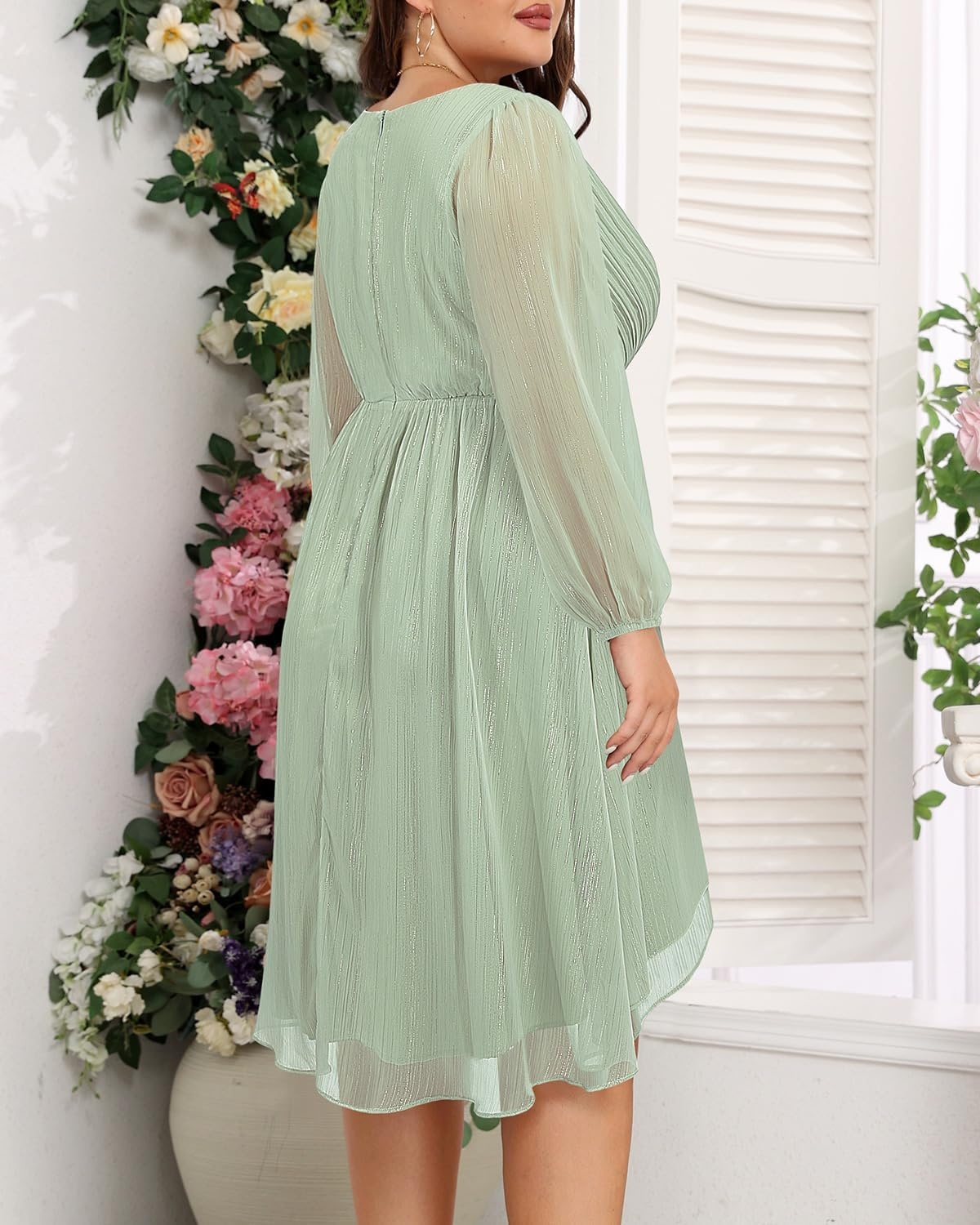 Talisea Plus Size Cocktail Dress – Formal Wedding Guest Fall Long Sleeve A Line Pleated V Neck Midi Dresses for Curvy Women(Sage Green)