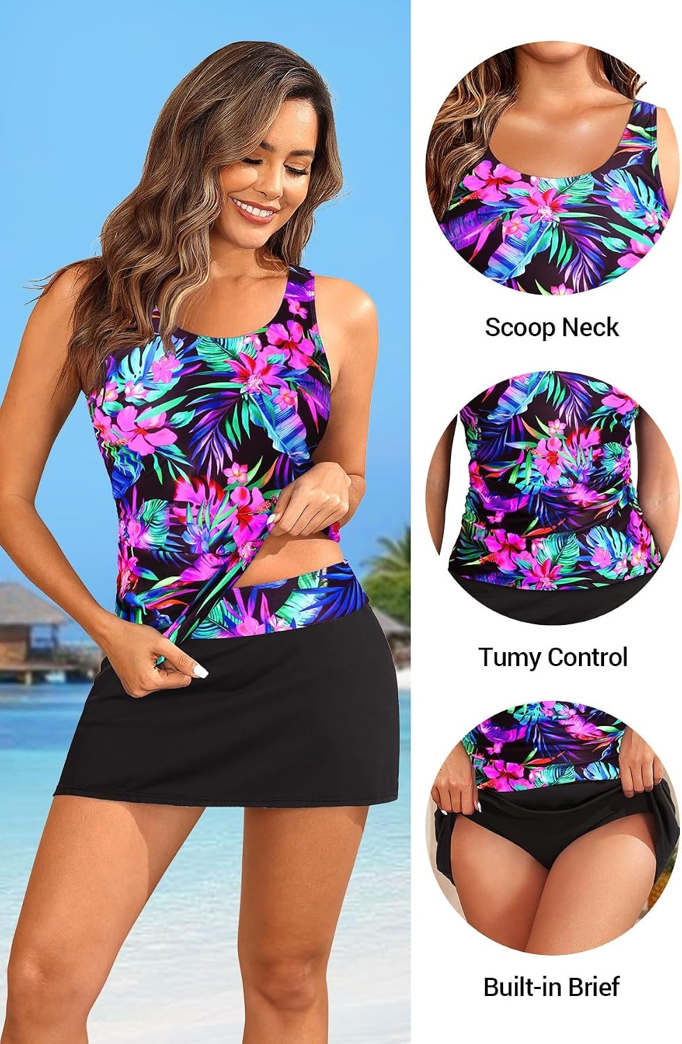 Talisea Tankini Bathing Suits with Skirt – Womens Two Piece Swimsuits with Pockets Tummy Control Modest Swimwear 2026(Blue and Pink Floral)